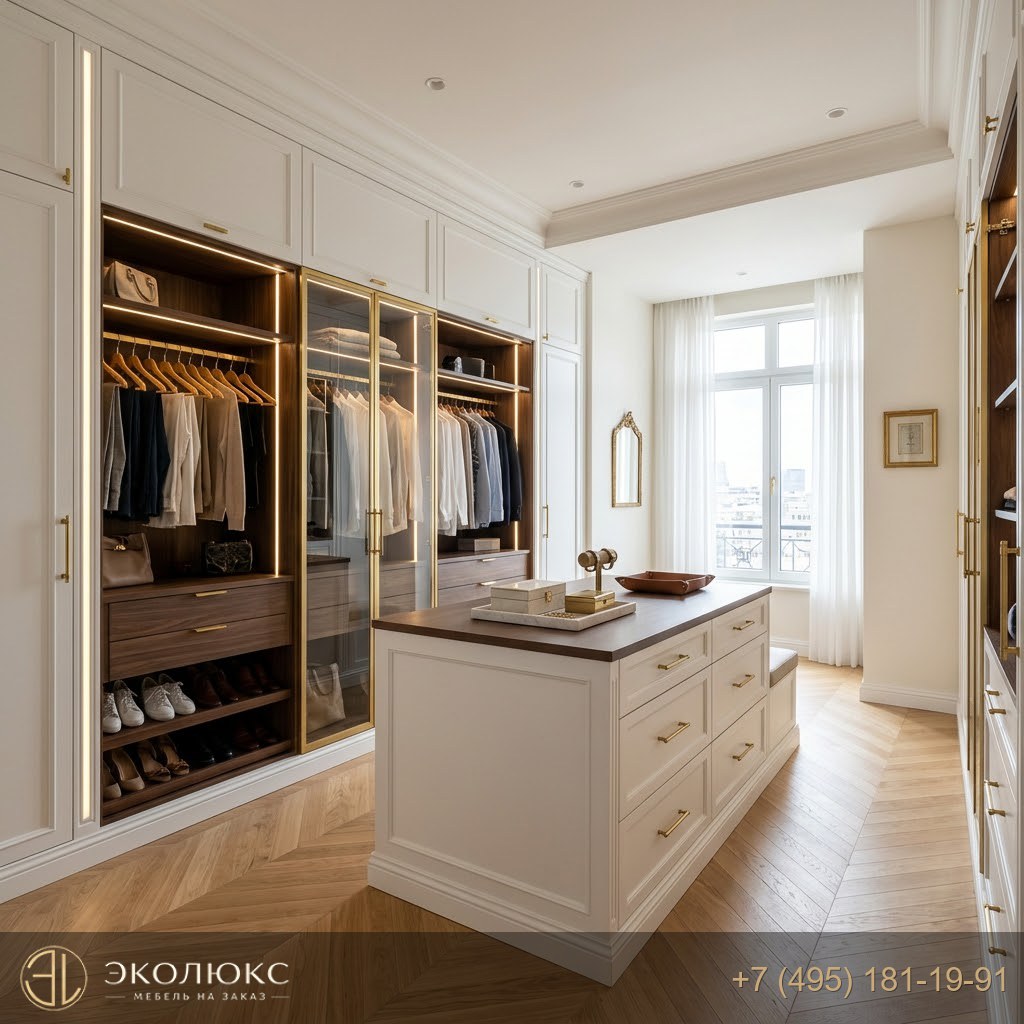 Угловая гардеробная в белом цвете с островом